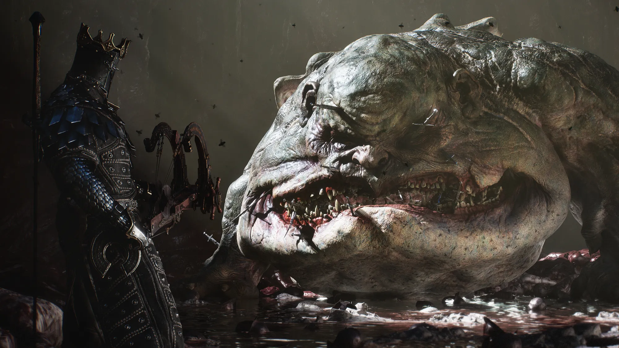 Mortal Shell II armored warrior facing a two-headed giant boss